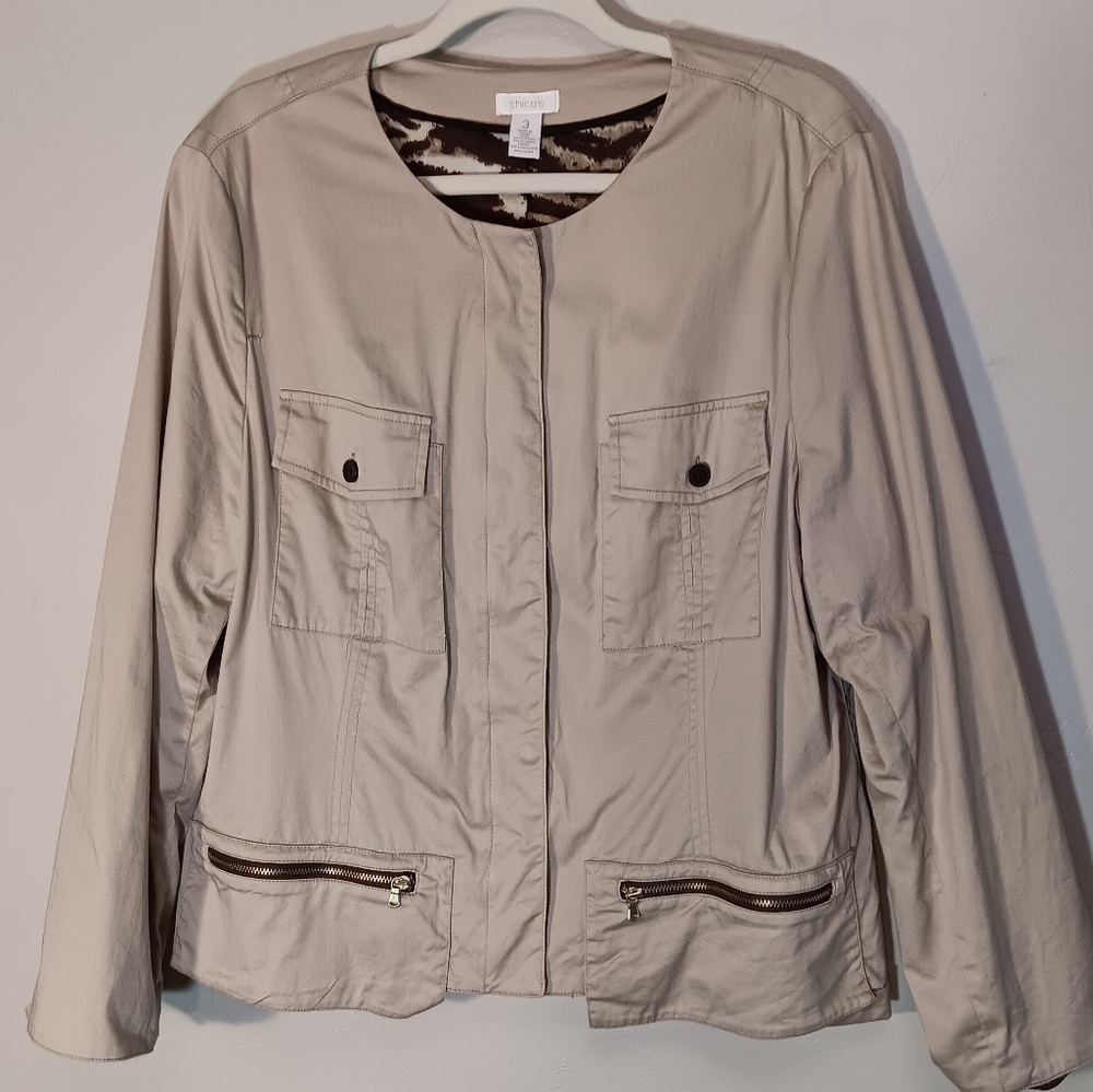 Chico's Khaki cropped‎ jacket sz 3